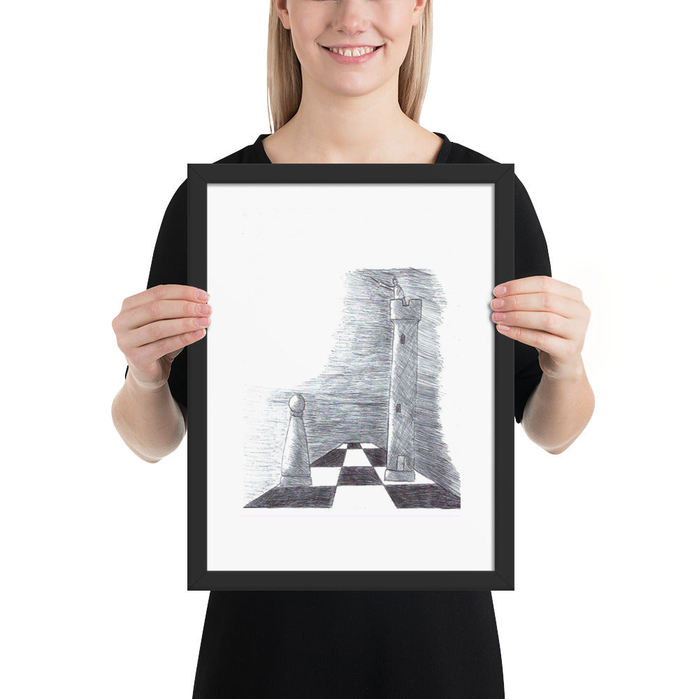 12x16 inch matte black framed chess art print titled Game On featuring a strategic chessboard with a lighthouse illustration by London artist VKM Illustrations.
