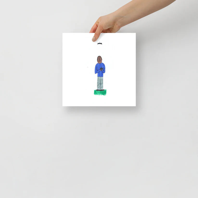 Museum-quality matte poster featuring 'How Do You Work this Thing?' felt-tip pen illustration of a man trying to fly a drone from the Life Exhibition by London artist VKM Illustrations.