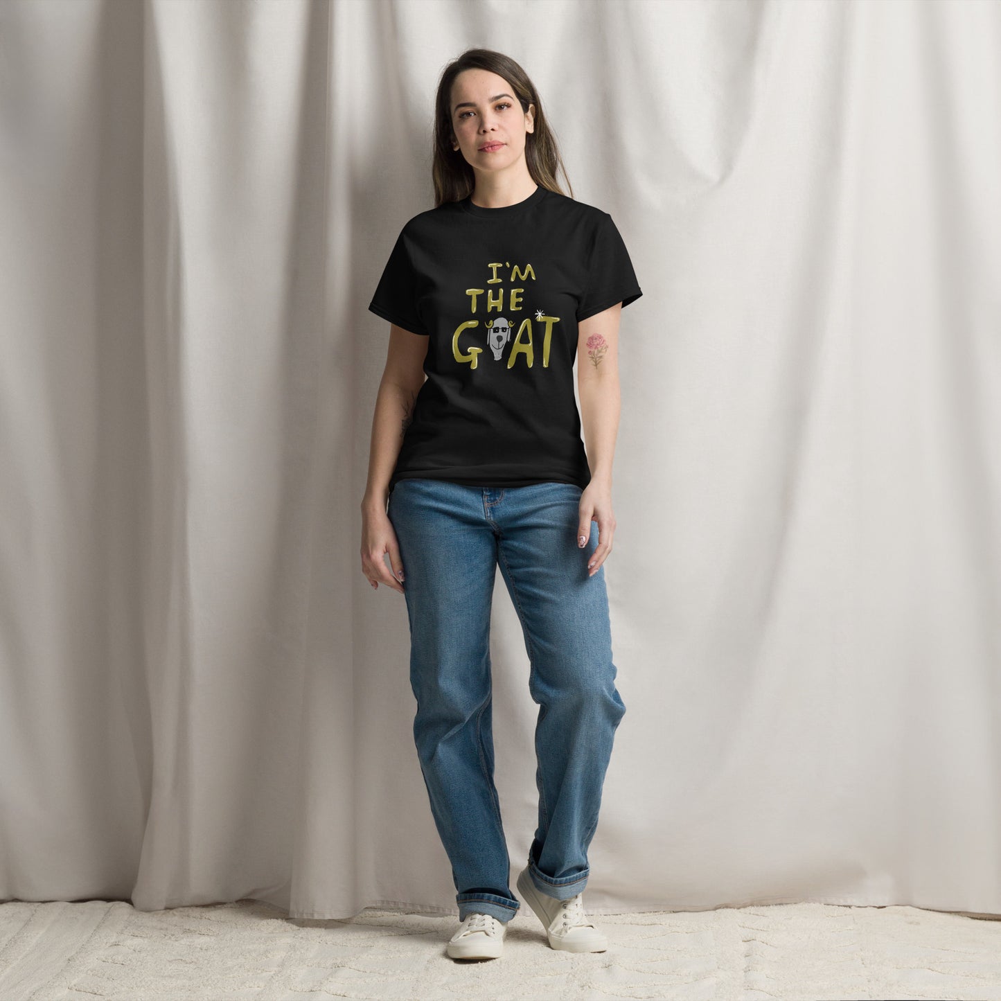 Funny graphic slogan t-shirt featuring the printed text phrase 'I'm the goat' by London artist VKM Illustrations