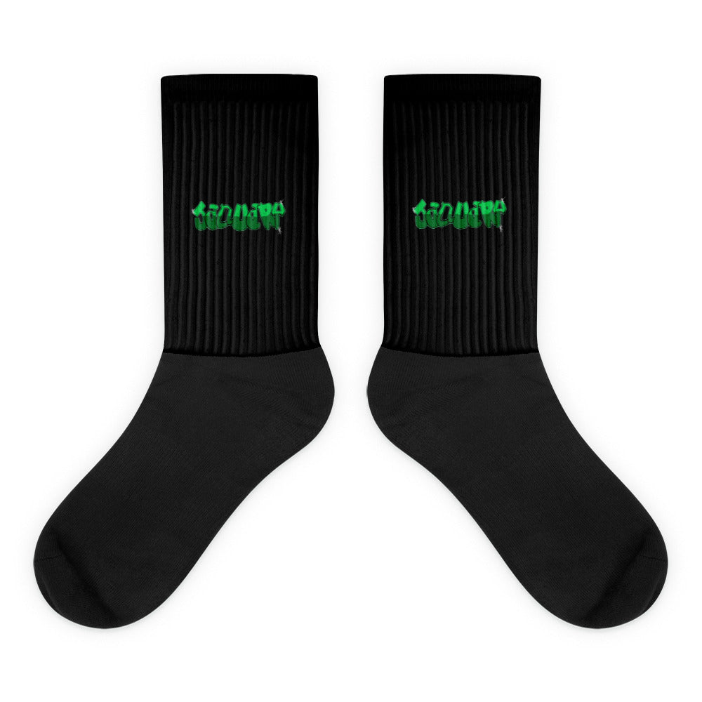VKM Illustrations January graffiti art print on a black crew sock with a cushioned sole.