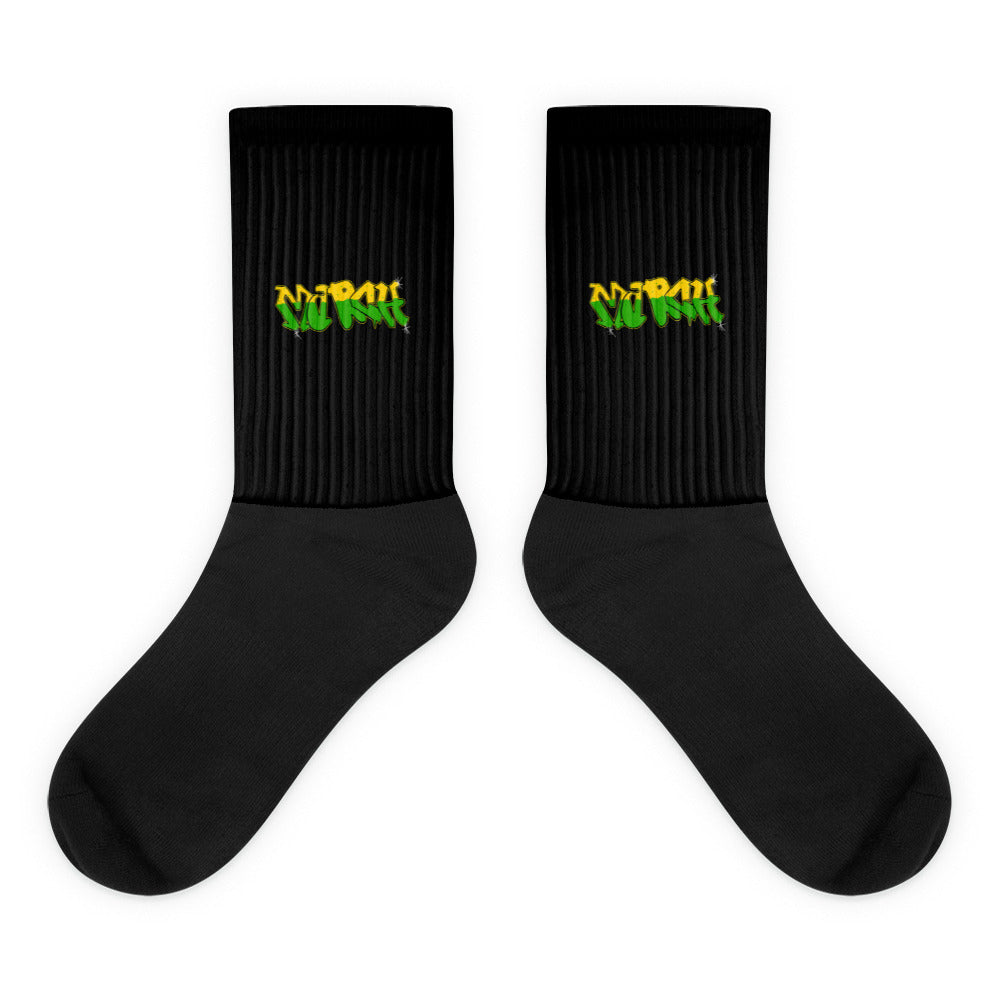 VKM Illustrations March graffiti art print on a black crew sock with a cushioned sole.
