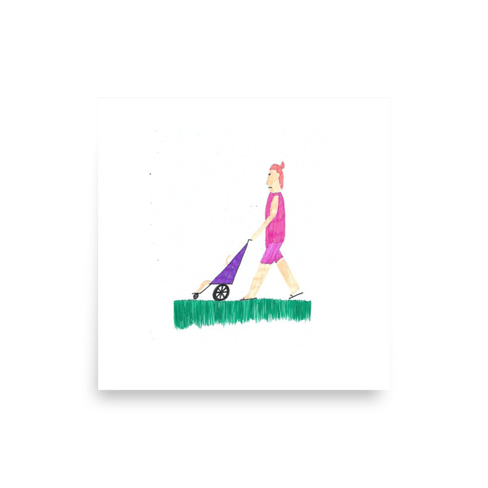 Museum-quality matte poster featuring 'Park Life' felt-tip pen illustration of a mother pushing a baby pram through a park from the Life Exhibition by London artist VKM Illustration.