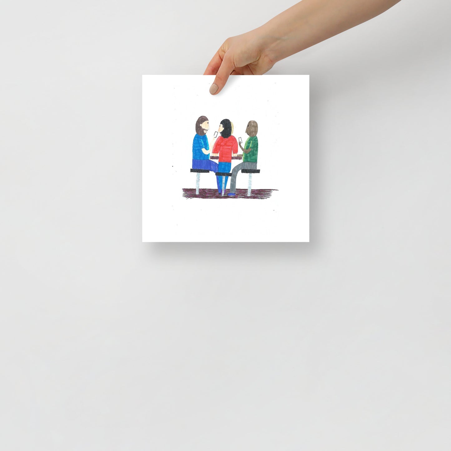 Museum-quality matte poster featuring 'Serve Your Turn' felt-tip pen illustration of friends playing cards outside a cafe from the Life Exhibition by London artist VKM Illustrations.