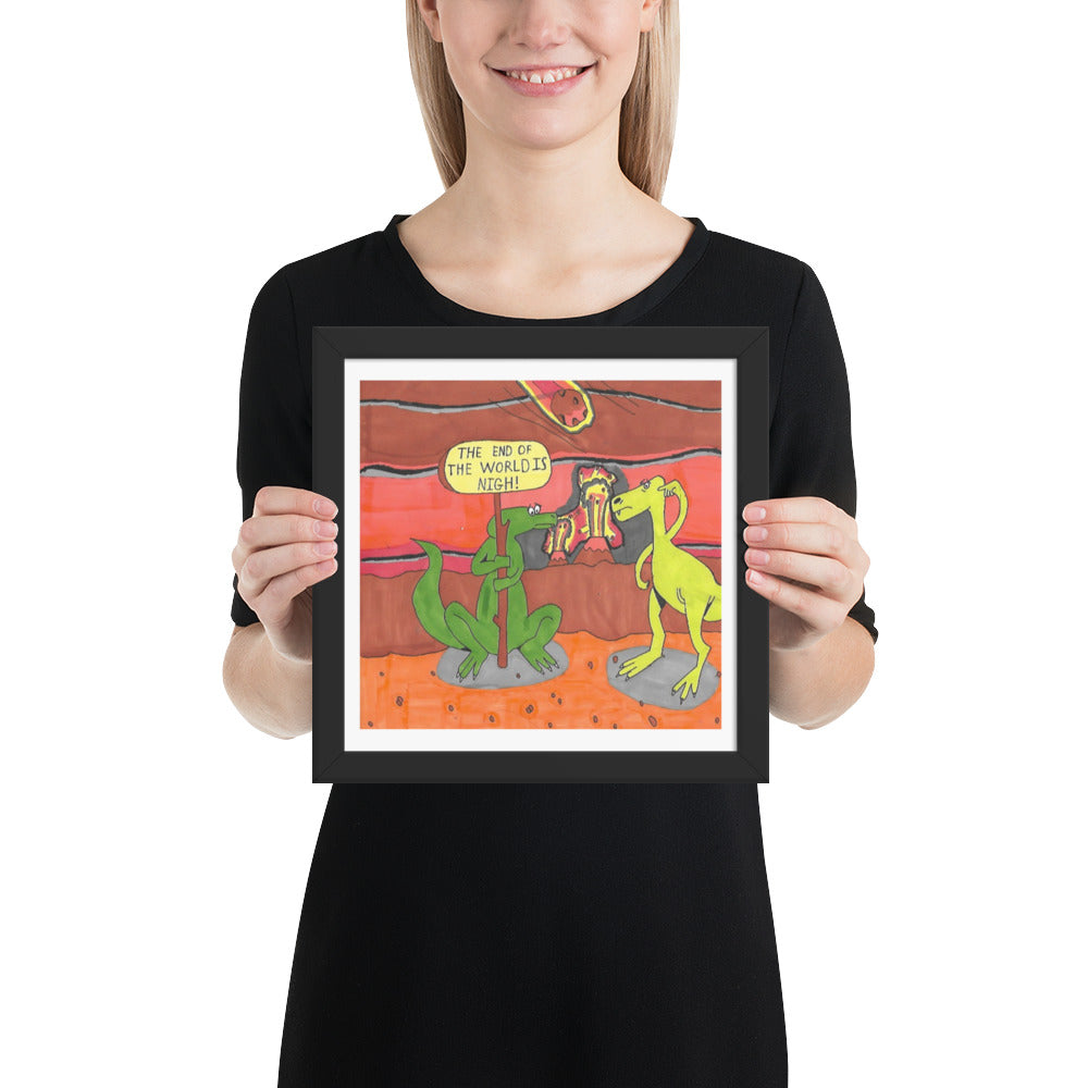 12x12 inch square matte black framed pop art print titled The end of the world is nigh featuring a funny dinosaur asteroid cartoon by London artist VKM Illustrations.