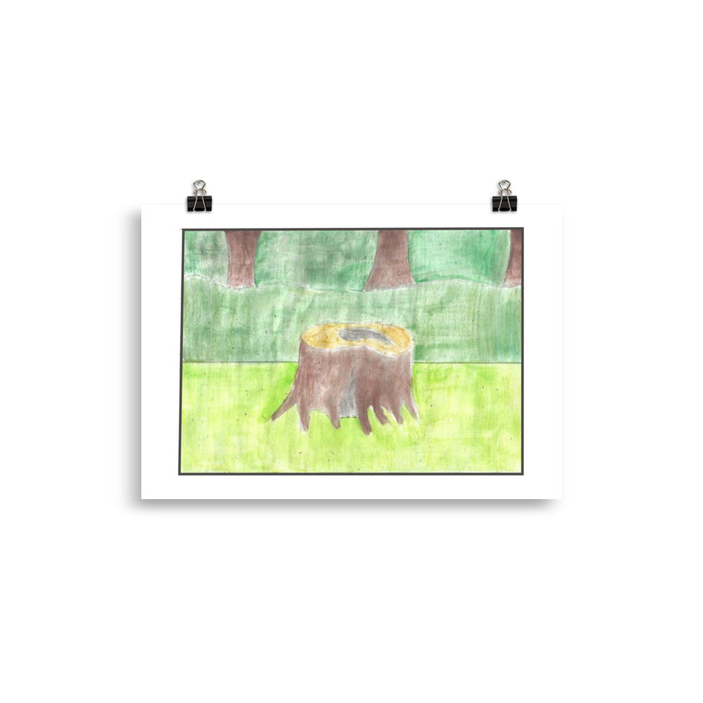 "Museum-quality matte poster featuring 'The Stump of a Tree' watercolour illustration of a tree stump in a grassy field with a wood background from the Art of Isolation Exhibition by London artist VKM Illustrations."
