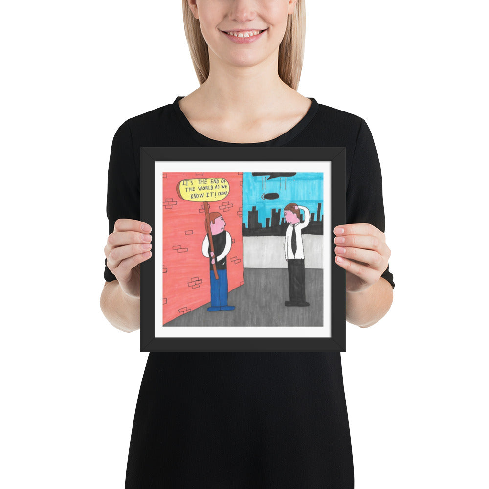 10x10 inch square matte black framed pop art print titled It's the end of the world as we know it featuring a funny R.E.M. song atomic bomb cartoon by London artist VKM Illustrations.