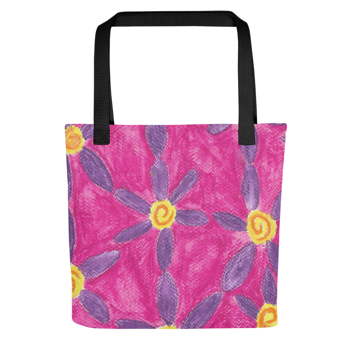 Cute pastel floral aesthetic tote bag featuring a vibrant purple and pink flower design by London illustrator VKM Illustrations.