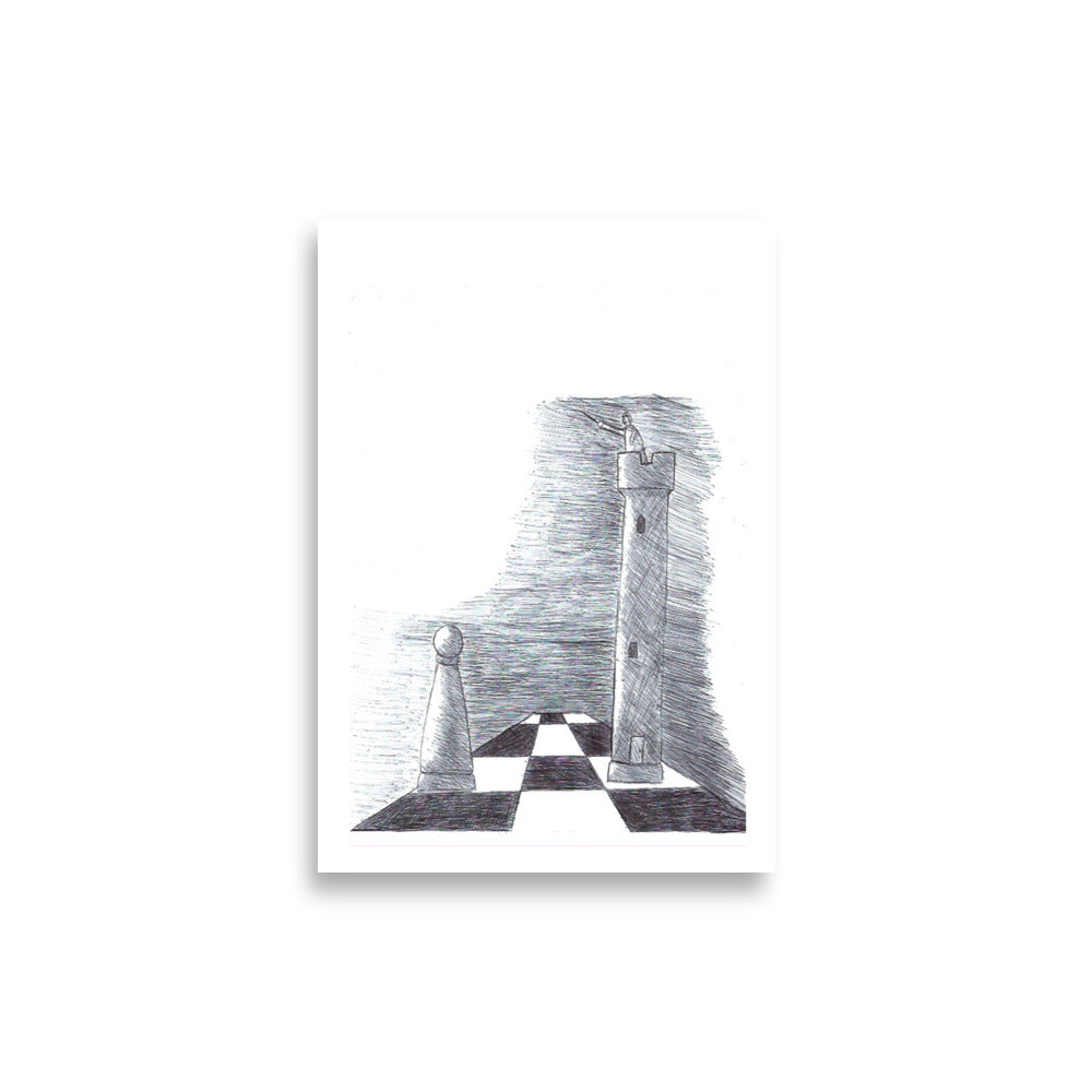 A4 pen and ink chess art print titled Game On featuring a strategic chessboard with a lighthouse illustration by London artist VKM Illustrations.