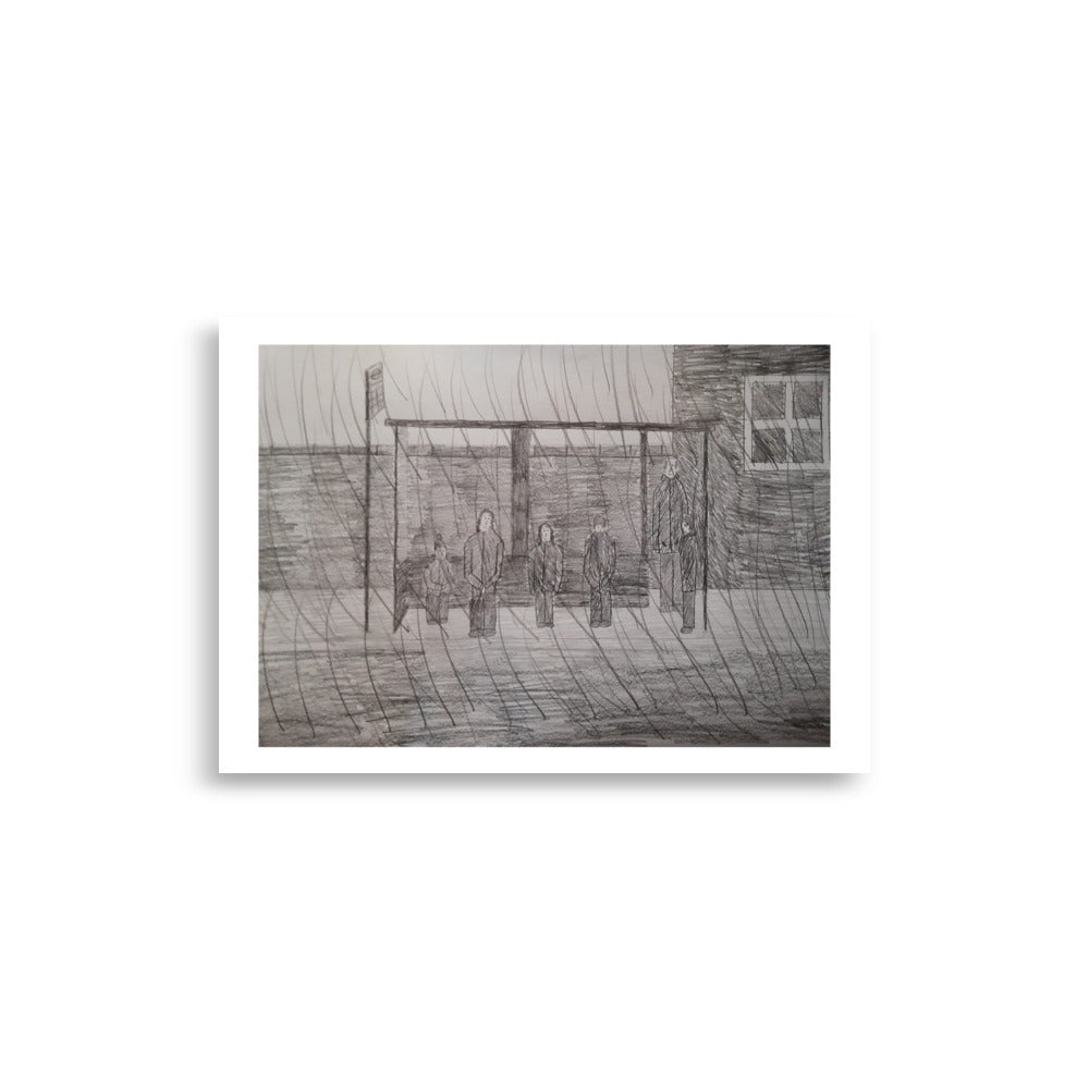  An art print of a pencil sketch of a bus stop scene. The monochrome drawing depicts figures sitting, conveying a calm, nostalgic mood.