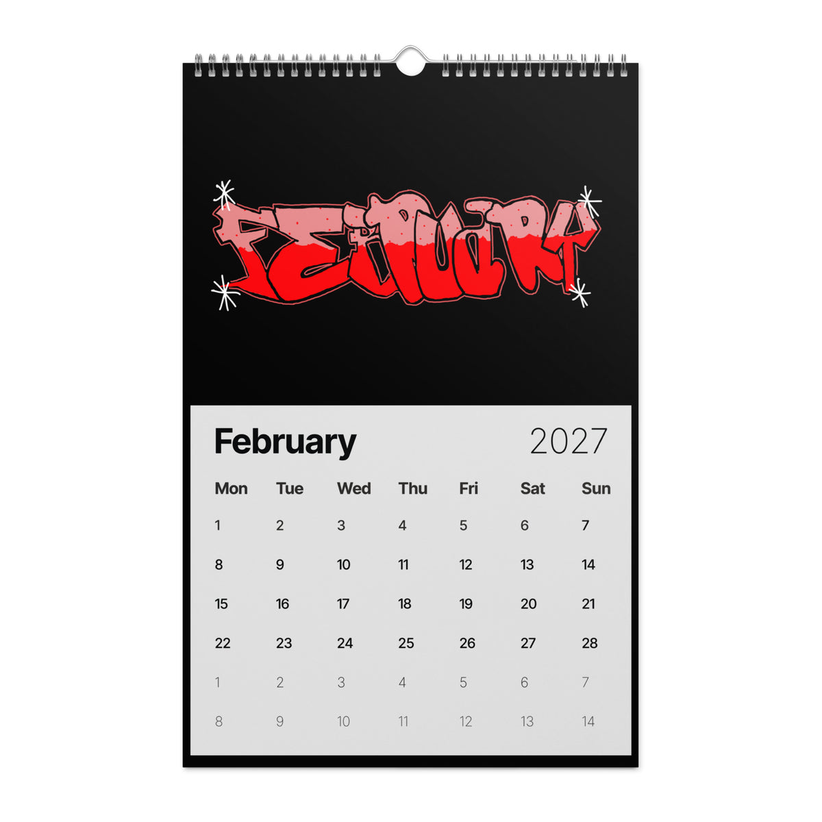 Graffiti lettering spelling "FEBRUARY" in a sharp, stylized urban font with a bright red and pink split fill, red speckles, and white starburst accents on a black background.