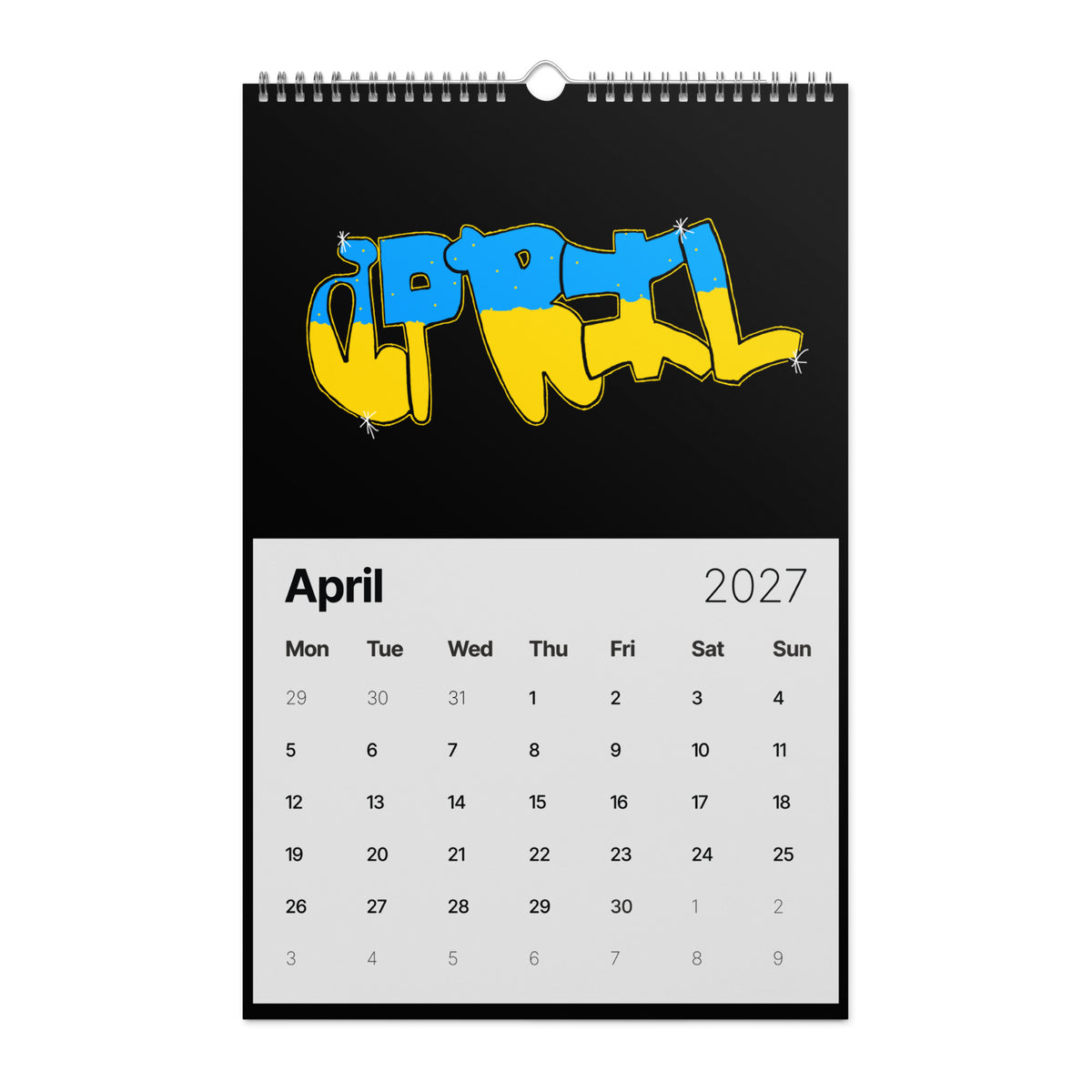Graffiti text "APRIL" in a vibrant bubble style. The top half is blue, the bottom half is yellow, and the letters are dotted with white starburst accents against a black background.