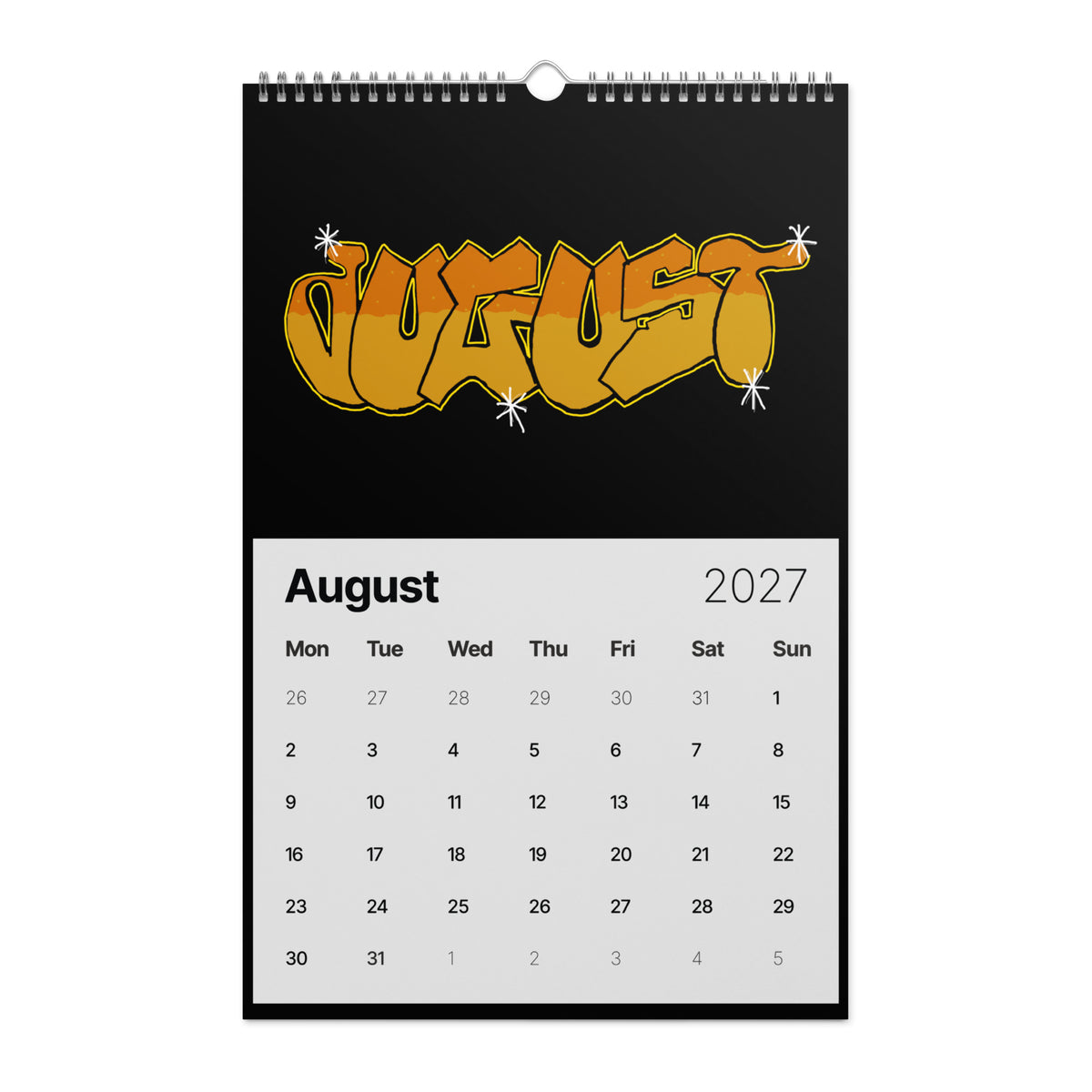 Graffiti text "AUGUST" with bold, angular letters. A gradient of warm orange fills the top and bottom, separated by a light blue line. The letters are highlighted by starburst accents on a black background.