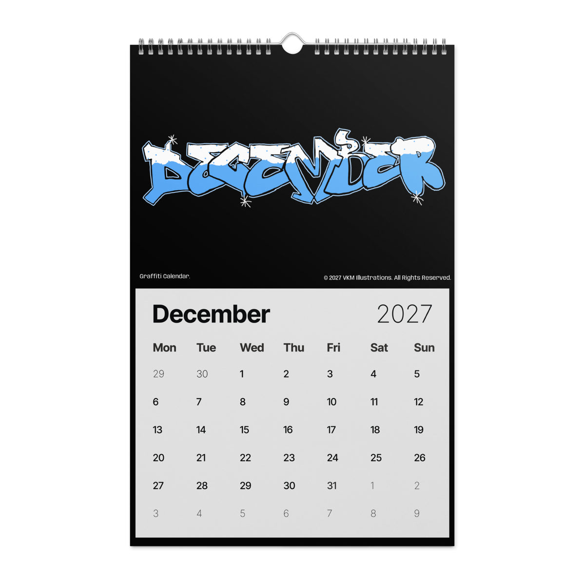 Graffiti text "DECEMBER" in a jagged, crystalline font. The top half is white, the bottom half is a frosty blue, and the letters are surrounded by a light blue outline and starburst accents against a black background.