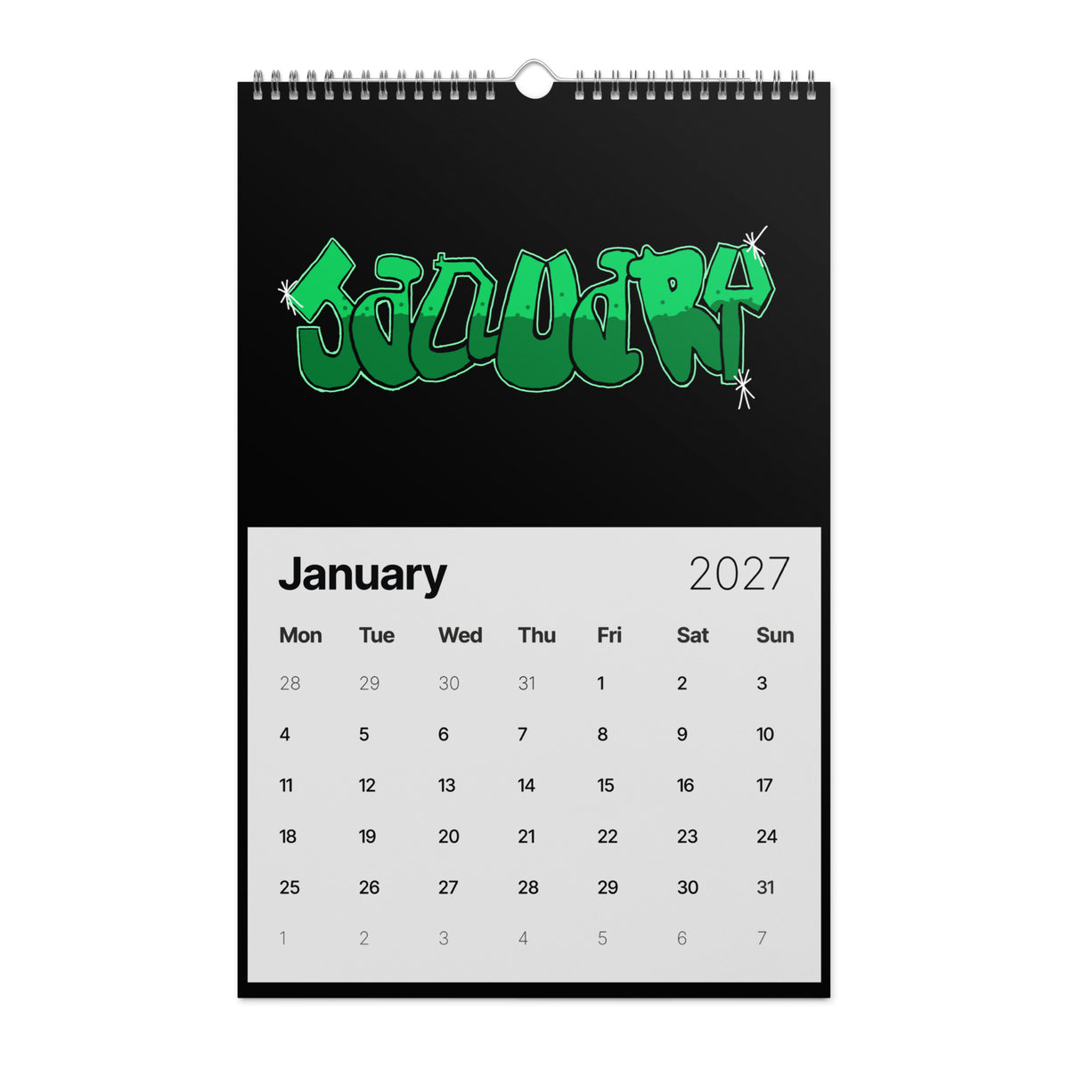 Graffiti text "JANUARY" with a bubble-like, rounded font. The text is a cool green gradient that transitions from dark to light, and the letters are bordered by a light green outline and starburst accents against a black background.