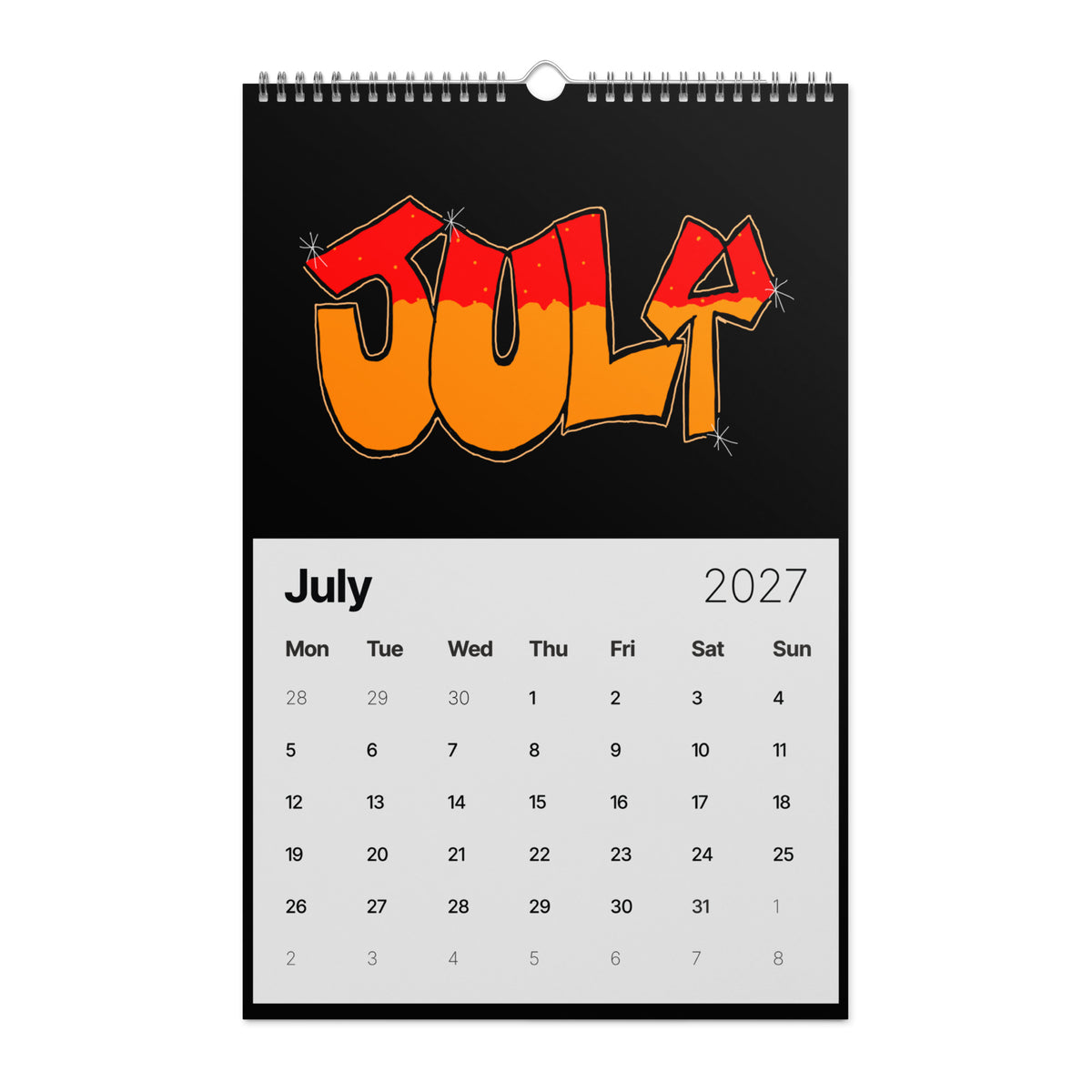 Graffiti text "JULY" in a playful, cartoon-like bubble font. A gradient of red and orange flows through the letters, which are dotted with white starburst accents on a black background.