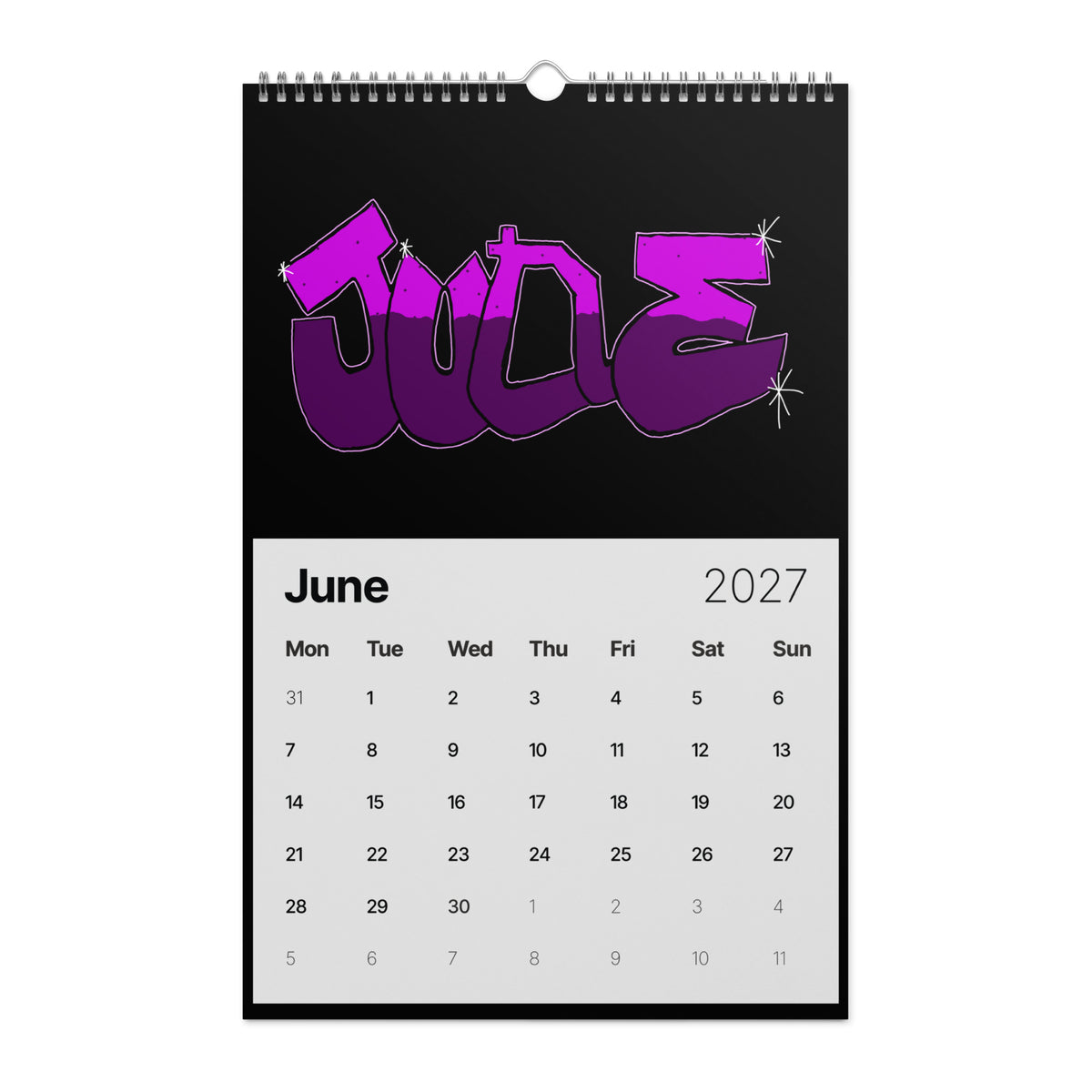 Graffiti text "JUNE" with soft, rounded curves. A deep purple gradient fills the top and bottom, separated by a light blue line. The letters are outlined in purple and accentuated by starburst accents on a black background.