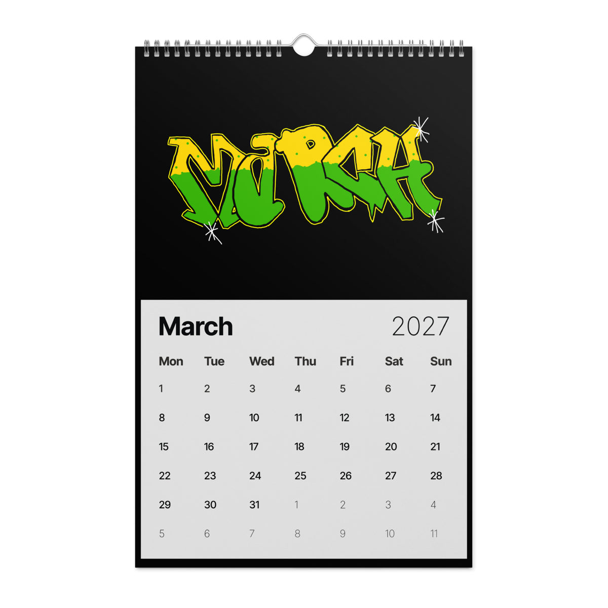 Graffiti text "MARCH" with a unique, geometric-inspired bubble font. A bright yellow gradient covers the top half, while the bottom half is green. The letters are outlined in green and feature starburst accents against a black background.