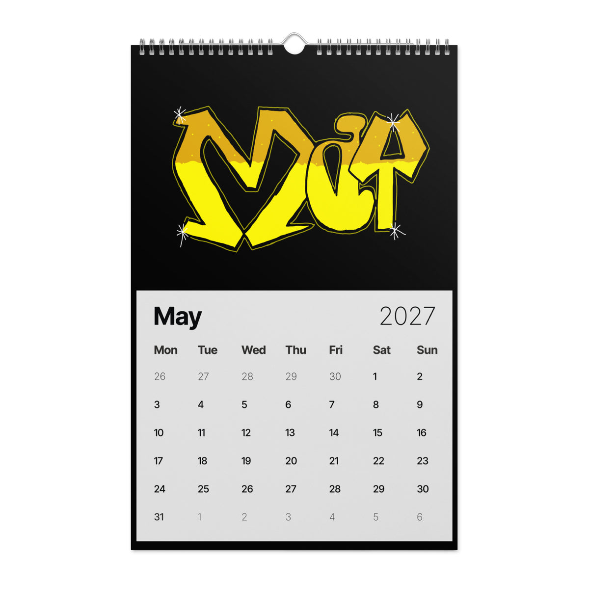 Graffiti text "MAY" in a classic bubble style with thick, bold letters. The top half is golden yellow, the bottom half is a light green-yellow, and the letters are dotted with white starburst accents on a black background.