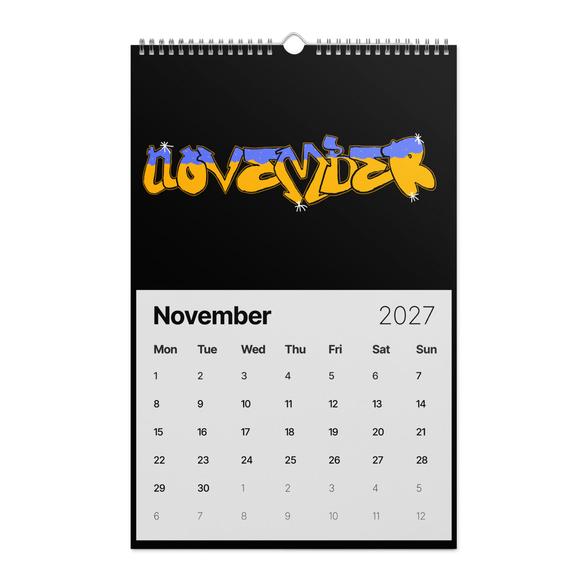 Graffiti text "NOVEMBER" in a flowing script-like bubble font. The letters are blue and yellow, accented with small white dots. The entire piece is surrounded by a light blue outline and starburst accents against a black background.