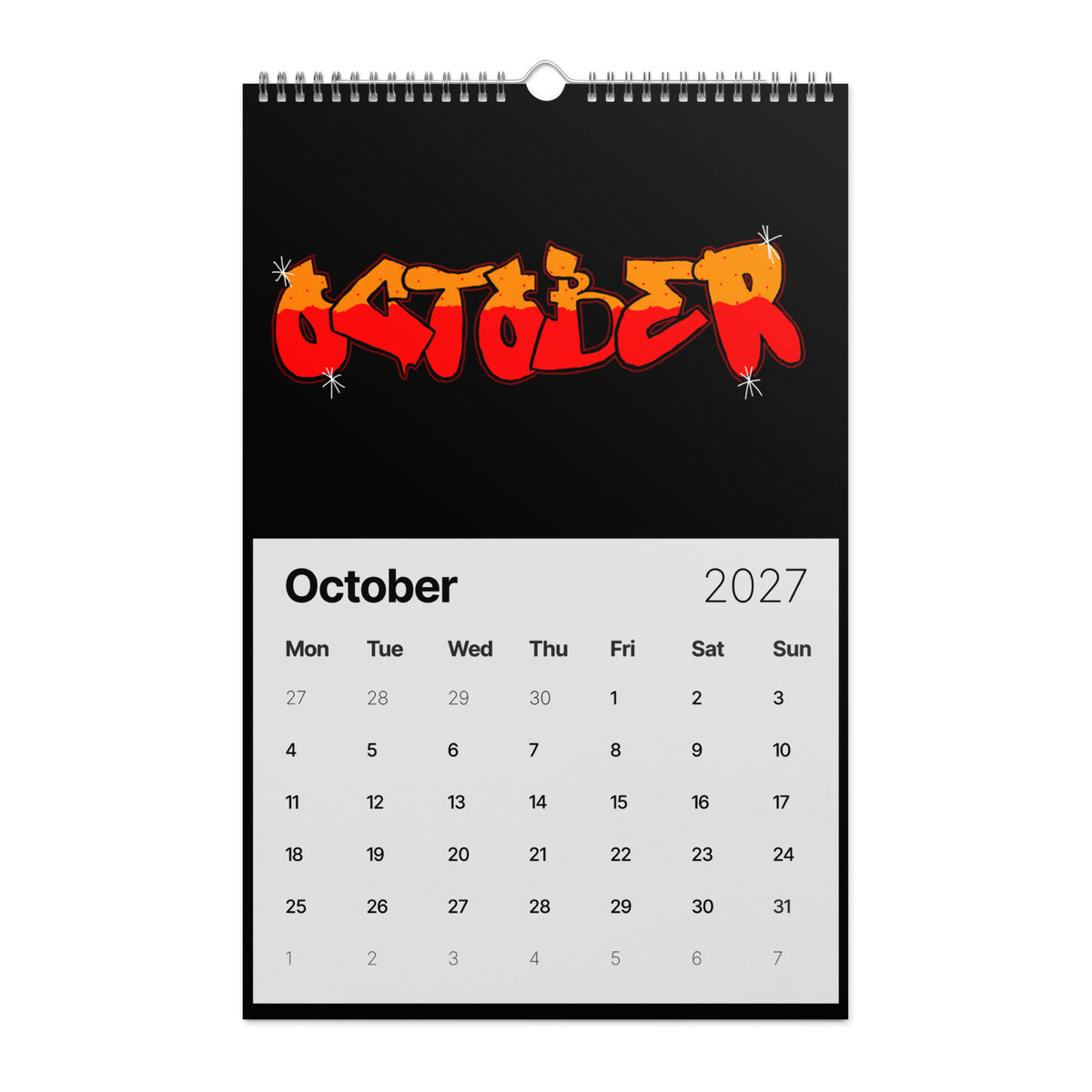 Graffiti text "OCTOBER" with a stylized bubble font that features small orange and green dots. A gradient of red and orange fills the top and bottom, separated by a red line. The letters are accented with starburst accents on a black background.