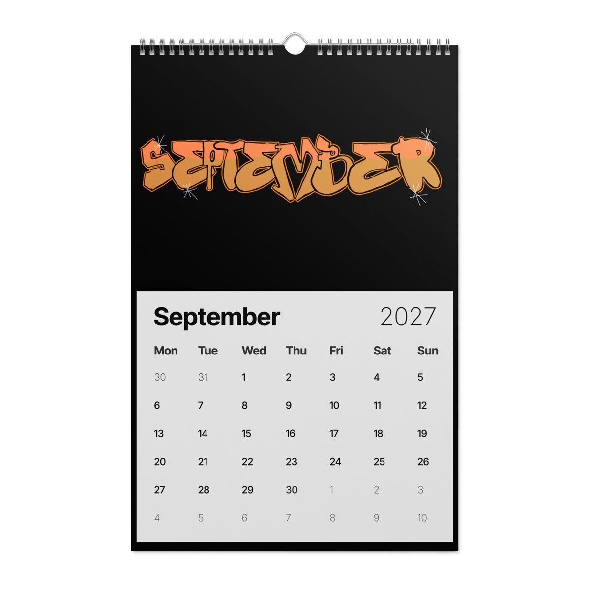 Graffiti text "SEPTEMBER" in a bold street-art style featuring a two-tone orange and tan color fill with subtle dot textures, an orange outline, and white spark accents on a black background.