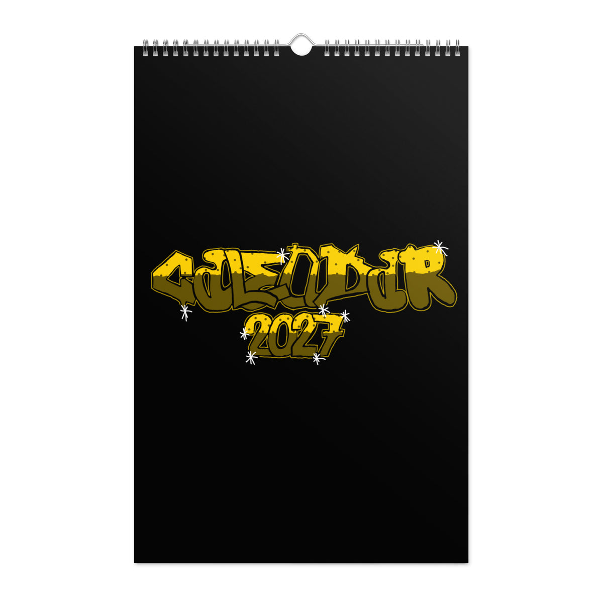 Cover art graphic featuring graffiti text reading "CALENDAR 2027" in yellow and olive green tones with dotted texture details, yellow outlines, and white sparkle highlights set against a solid black background.