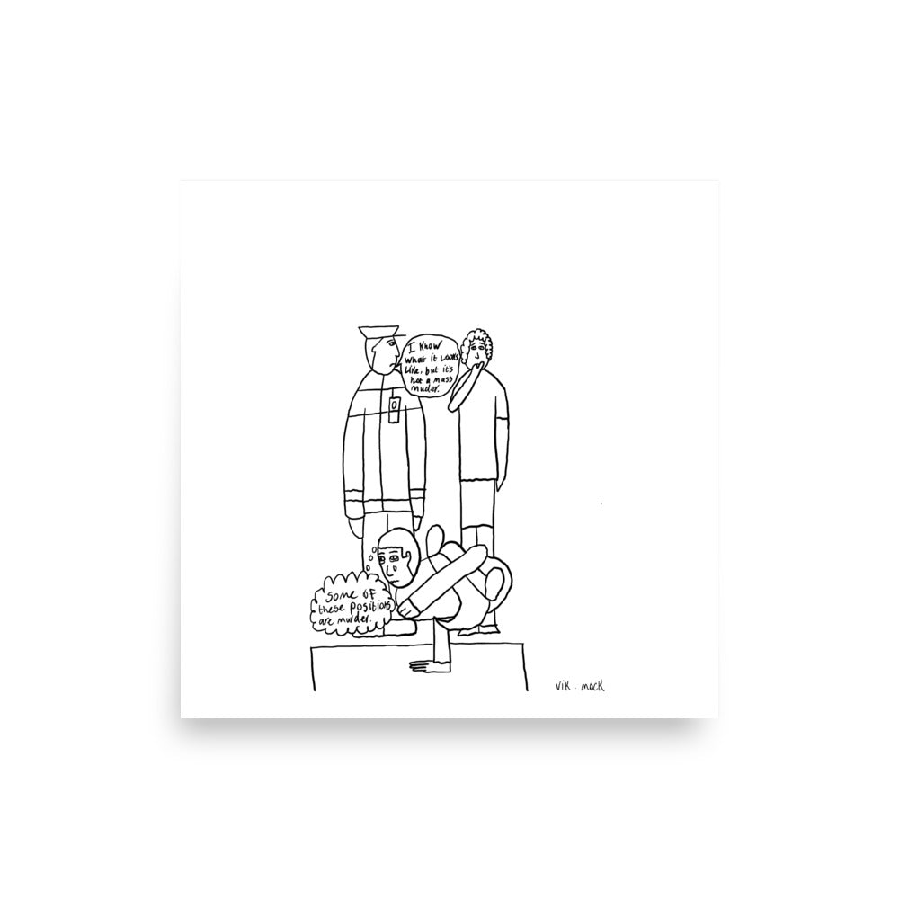 10x10 inch or 12x12 inch square satirical print titled 'Not Mass Murder' featuring a funny newspaper yoga class disaster cartoon by London artist VKM Illustrations.