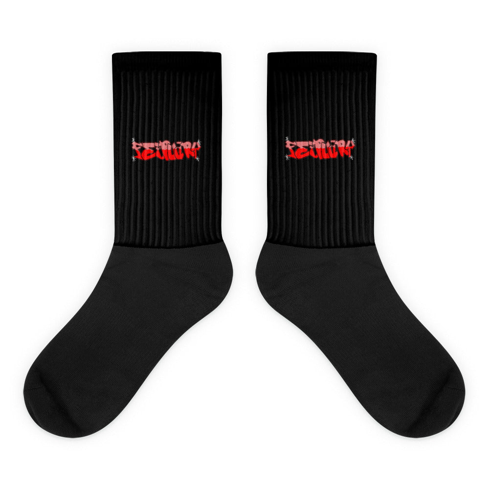 VKM Illustrations February graffiti art print on a black crew sock with a cushioned sole.