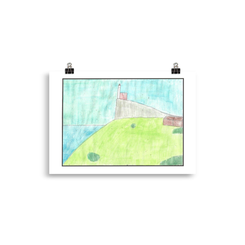 "Museum-quality matte poster featuring 'A Lighthouse' watercolour illustration of a lighthouse on a grassy hill by the ocean from the Art of Isolation Exhibition by London artist VKM Illustrations."