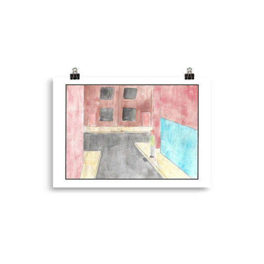 "Museum-quality matte poster featuring 'A Quick Break' watercolour illustration of A man stands on the sidewalk enjoying a cigarette from the Art of Isolation Exhibition by London artist VKM Illustrations."