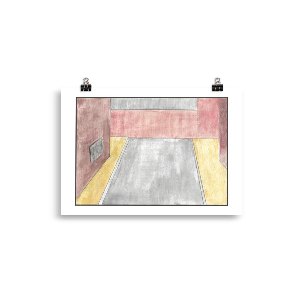 "Museum-quality matte poster featuring 'A Sloping Road' watercolour illustration of a street scene in muted tones from the Art of Isolation Exhibition by London artist VKM Illustrations."