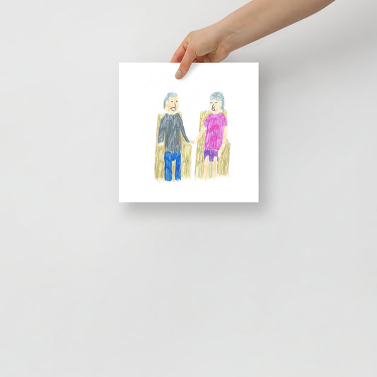 Museum-quality matte poster featuring 'Back Then' felt-tip pen illustration of an elderly couple remembering their youth from the Life Exhibition by London artist VKM Illustrations.