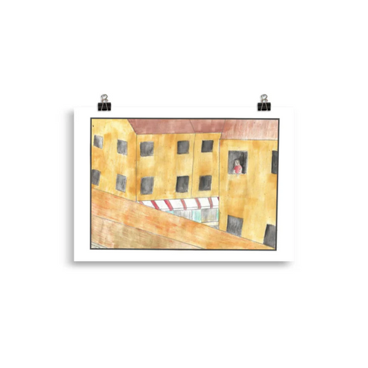Museum-quality matte poster featuring 'Being Nosey' watercolour illustration of a scene viewed from a train with yellow buildings, black windows, and a sloped path. A person in red stands at a window from the Art of Isolation Exhibition by London artist VKM Illustrations.