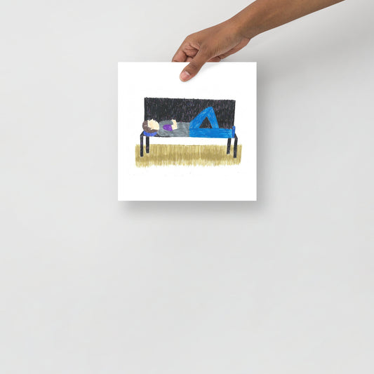 Museum-quality matte poster featuring 'Bench Lounger' felt-tip pen illustration of a person sleeping on a park bench from the Life Exhibition by London artist VKM Illustrations.