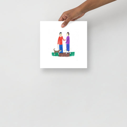 Museum-quality matte poster featuring 'Besties' felt-tip pen illustration of two men walking dogs in a park from the Life Exhibition by London artist VKM Illustrations.