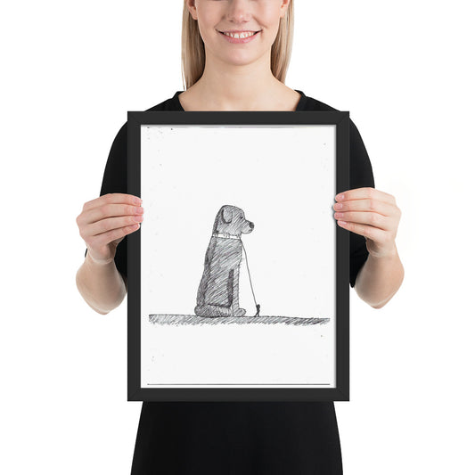 12x16 inch matte black framed pen and ink art print titled The Black Dog showing a man walking a large dog, representing depression awareness by London artist VKM Illustrations.