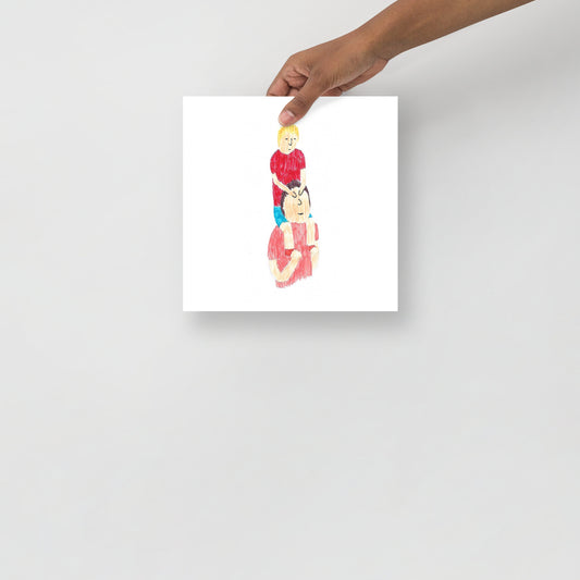 Museum-quality matte poster featuring 'Carry Me' felt-tip pen illustration of a father with his son on his shoulders from the Life Exhibition by London artist VKM Illustrations.