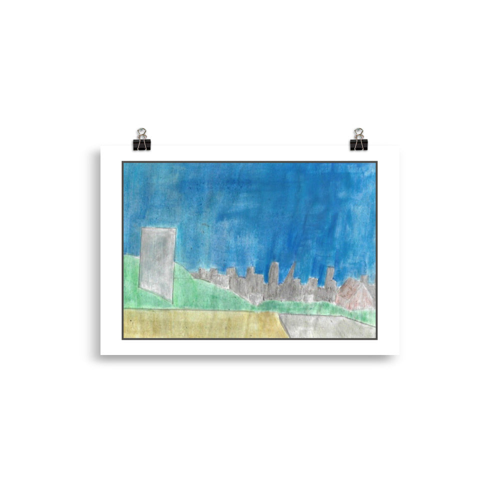 "Museum-quality matte poster featuring  'City of London atop a hill' watercolour illustration of the city of london with a blue sky, Gray skyline, and green hills from the Art of Isolation Exhibition by London artist VKM Illustrations."