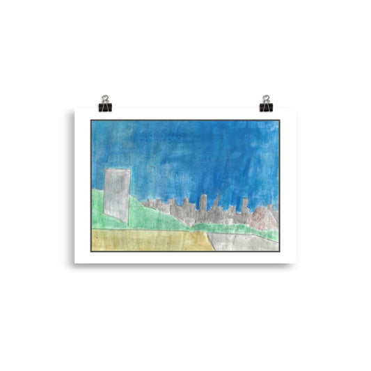 "Museum-quality matte poster featuring  'City of London atop a hill' watercolour illustration of the city of london with a blue sky, Gray skyline, and green hills from the Art of Isolation Exhibition by London artist VKM Illustrations."