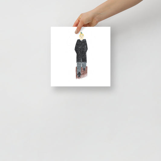 Museum-quality matte poster featuring 'Das Model' felt-tip pen illustration of a fashion model in a suit and coat from the Life Exhibition by London artist VKM Illustrations.