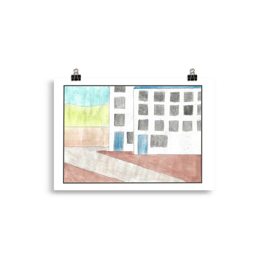 "Museum-quality matte poster featuring 'The Estate' watercolour illustration of blocks of flats with grey windows and blue doors, as part of a council estate from the Art of Isolation Exhibition by London artist VKM Illustrations."
