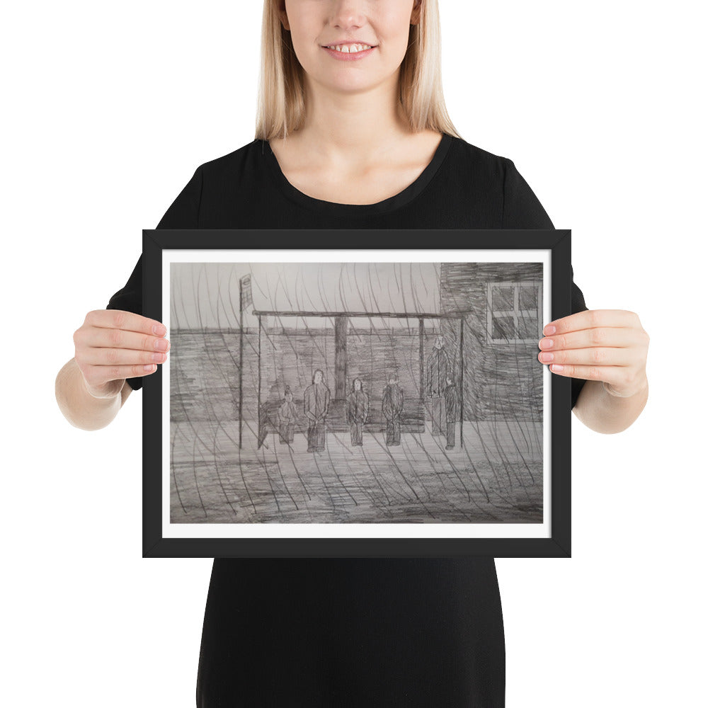  12x16 inch matte black framed pencil drawing print titled Waiting for a bus on a rainy night featuring silhouettes in Shoreditch by London artist VKM Illustrations.