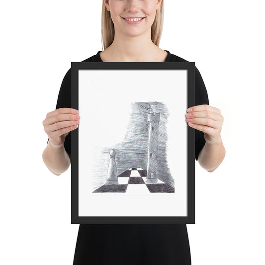 12x16 inch matte black framed chess art print titled Game On featuring a strategic chessboard with a lighthouse illustration by London artist VKM Illustrations.