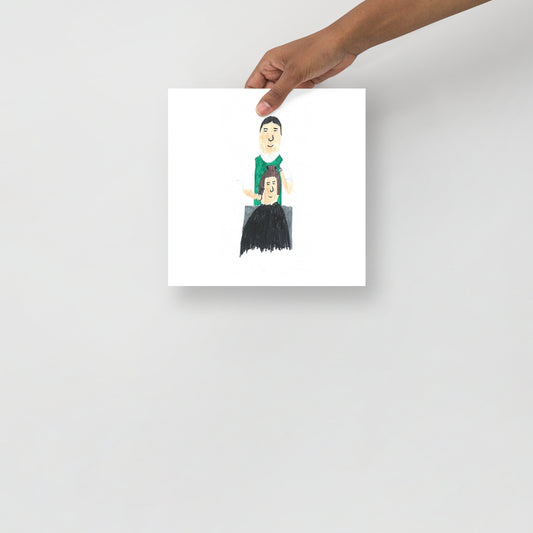 Museum-quality matte poster featuring 'How was Your holiday?' felt-tip pen illustration of a salon hairdresser talking to a client from the Life Exhibition by London artist VKM Illustrations.