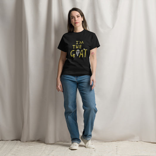 Funny graphic slogan t-shirt featuring the printed text phrase 'I'm the goat' by London artist VKM Illustrations