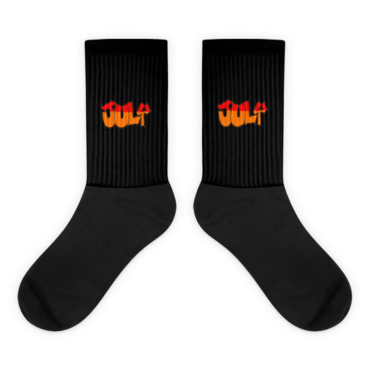 VKM Illustrations july graffiti art print on a black crew sock with a cushioned sole.