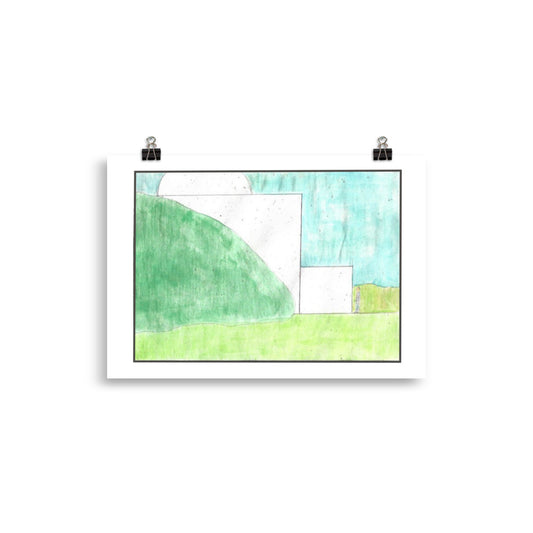 "Museum-quality matte poster featuring 'Kew Gardens' watercolour illustration of a glasshouse at kew gardens in London with a man entering from the Art of Isolation Exhibition by London artist VKM Illustrations."