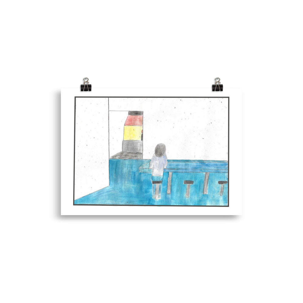 "Museum-quality matte poster featuring 'Lunch' watercolour illustration of a lone young man sits at a blue bar counter, facing away, eating his lunch from the Art of Isolation Exhibition by London artist VKM Illustrations."
