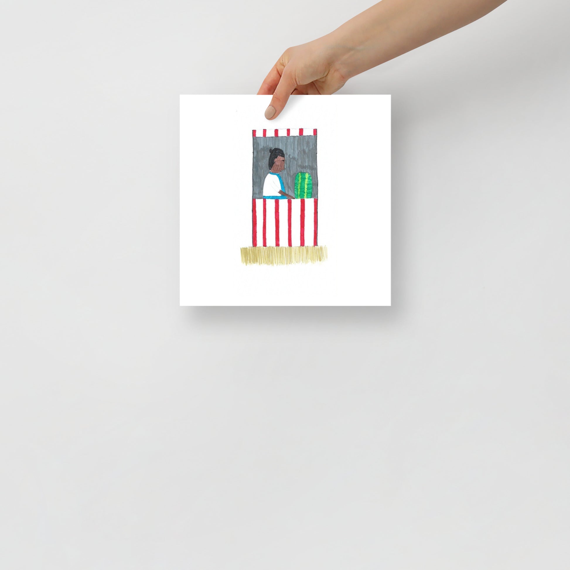 Museum-quality matte poster featuring 'Market Stall' felt-tip pen illustration of a woman working at a local market from the Life Exhibition by London artist VKM Illustrations.