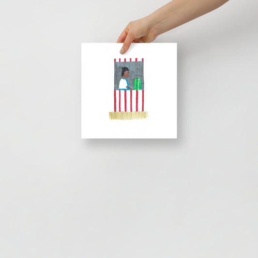 Museum-quality matte poster featuring 'Market Stall' felt-tip pen illustration of a woman working at a local market from the Life Exhibition by London artist VKM Illustrations.
